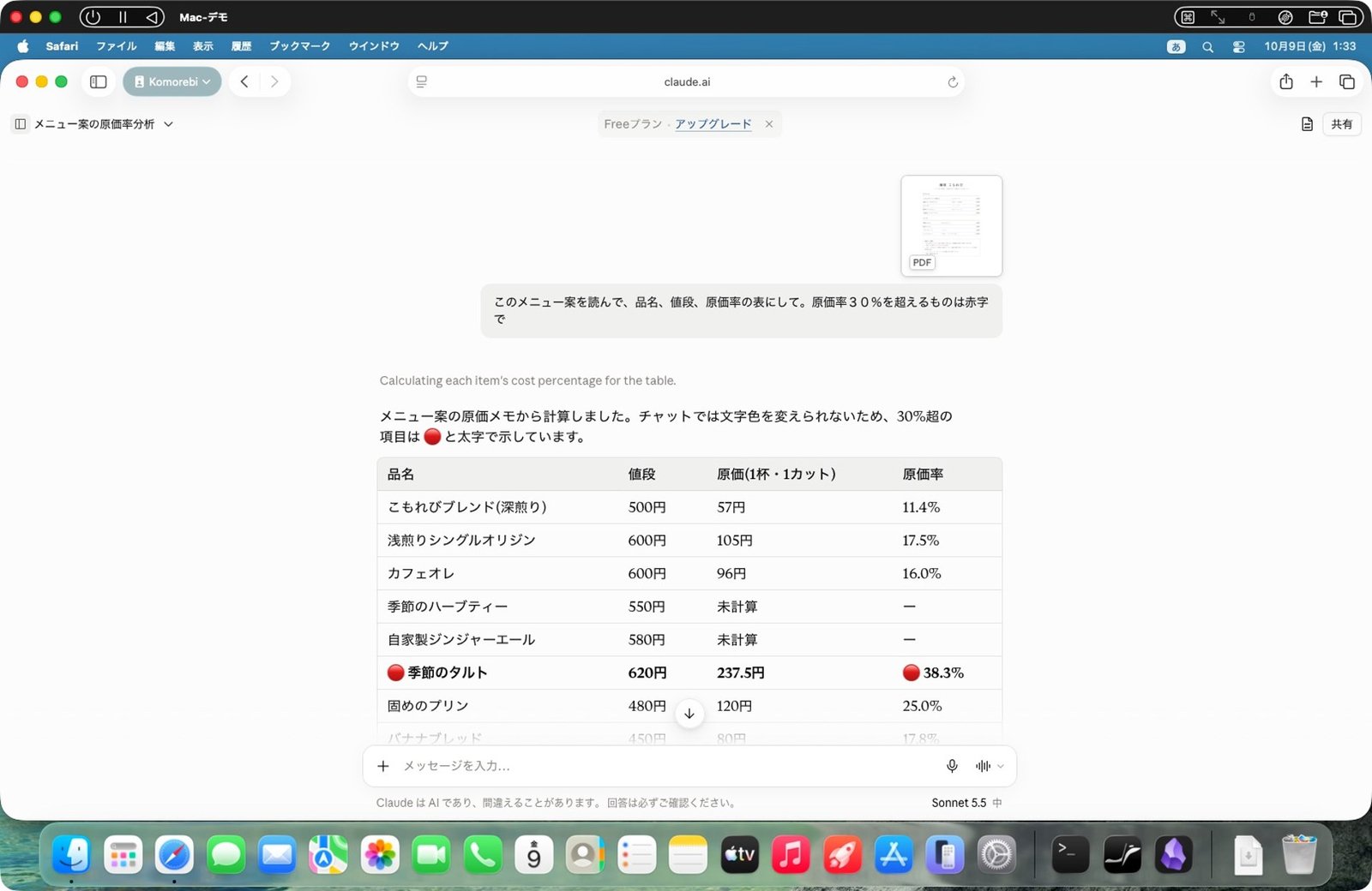 原価率の表ができた