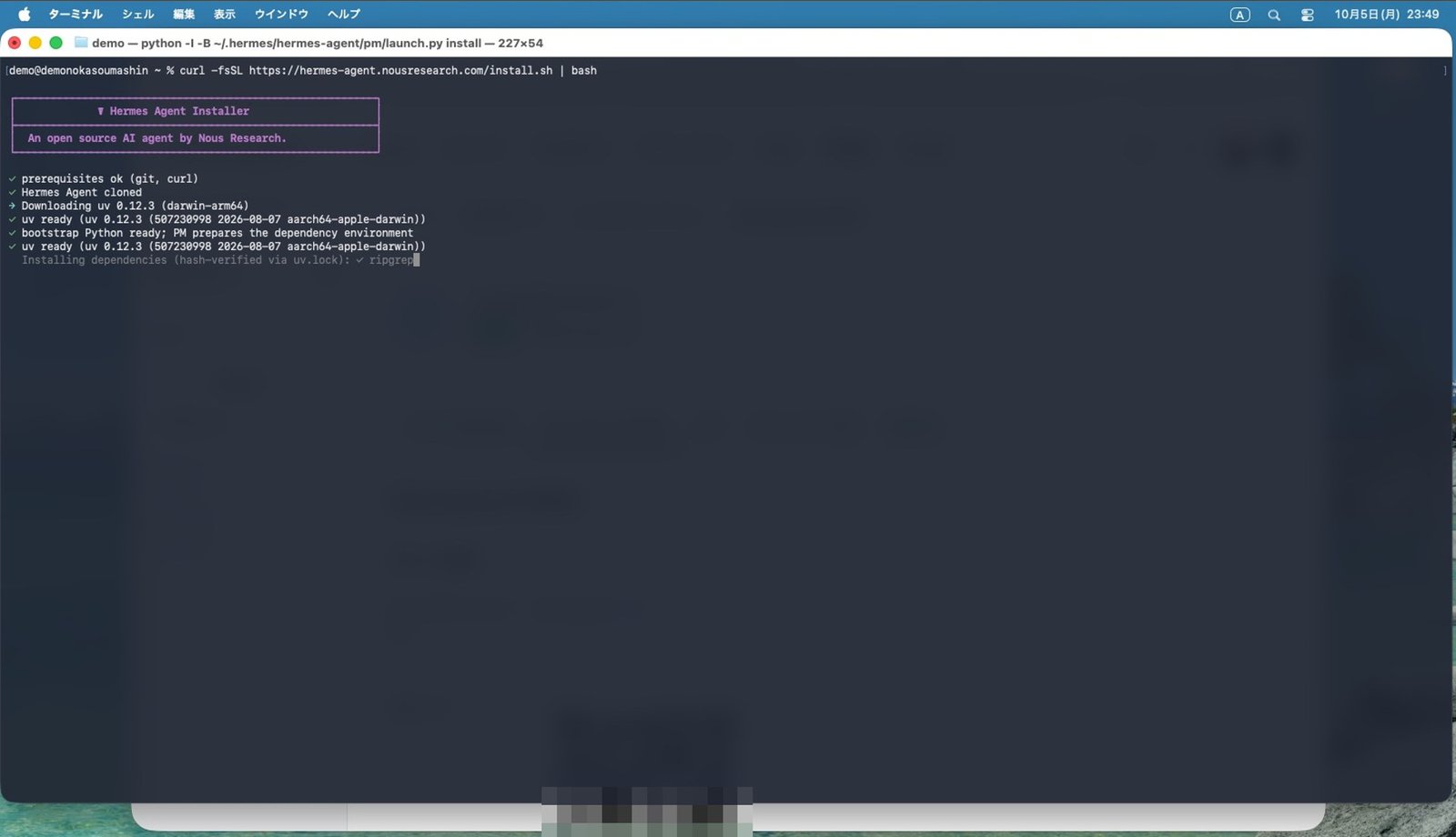 公式の1行のコマンドを貼る