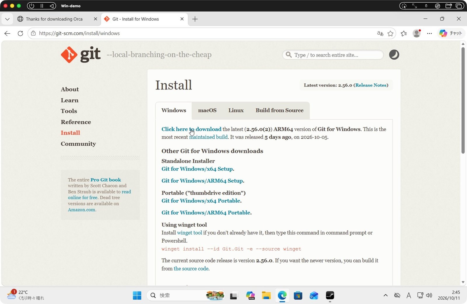 Git の公式サイトで「Click here to download」