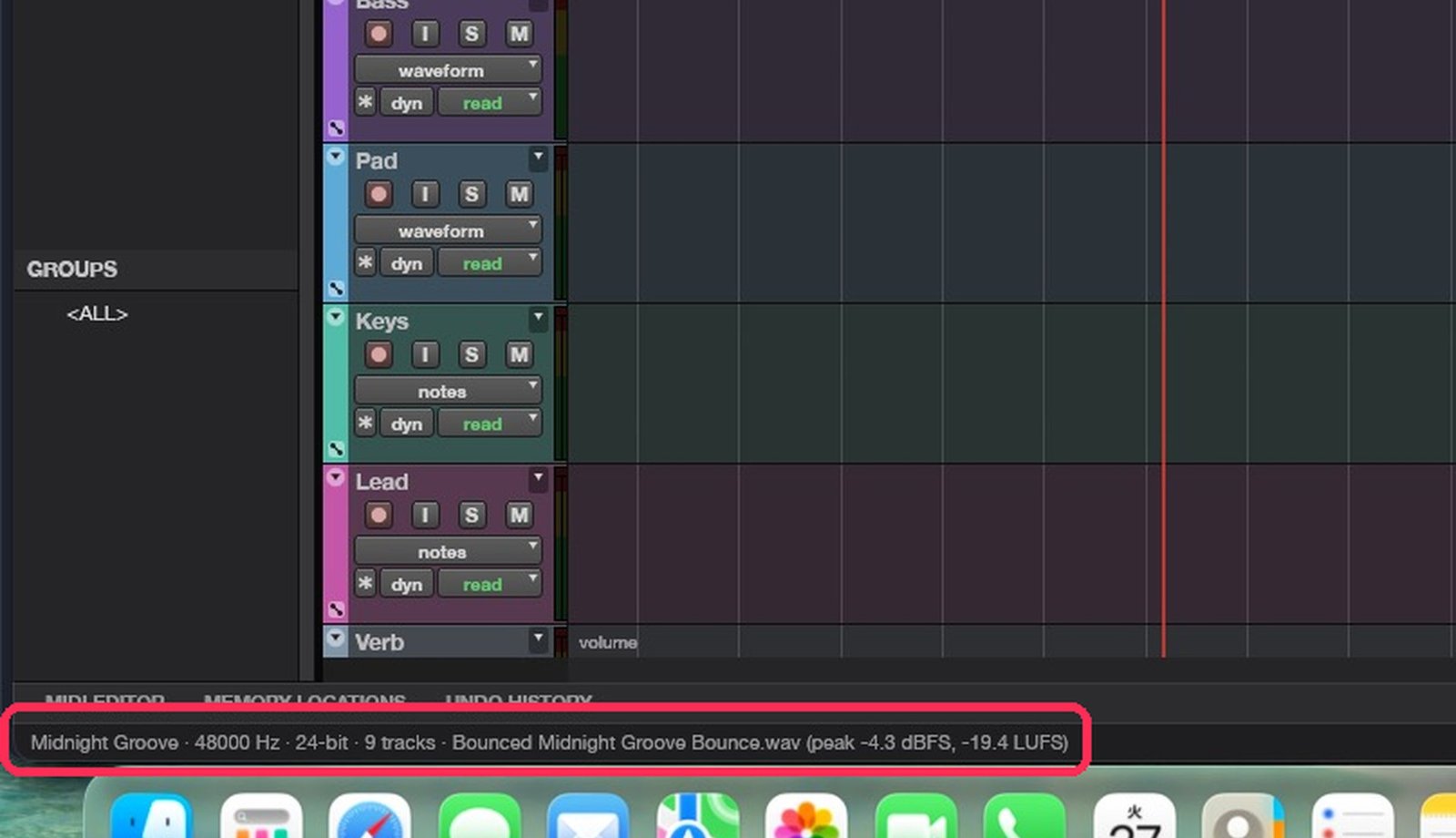 File →「Bounce Mix」で WAV に書き出すと、下の行に数字が出る
