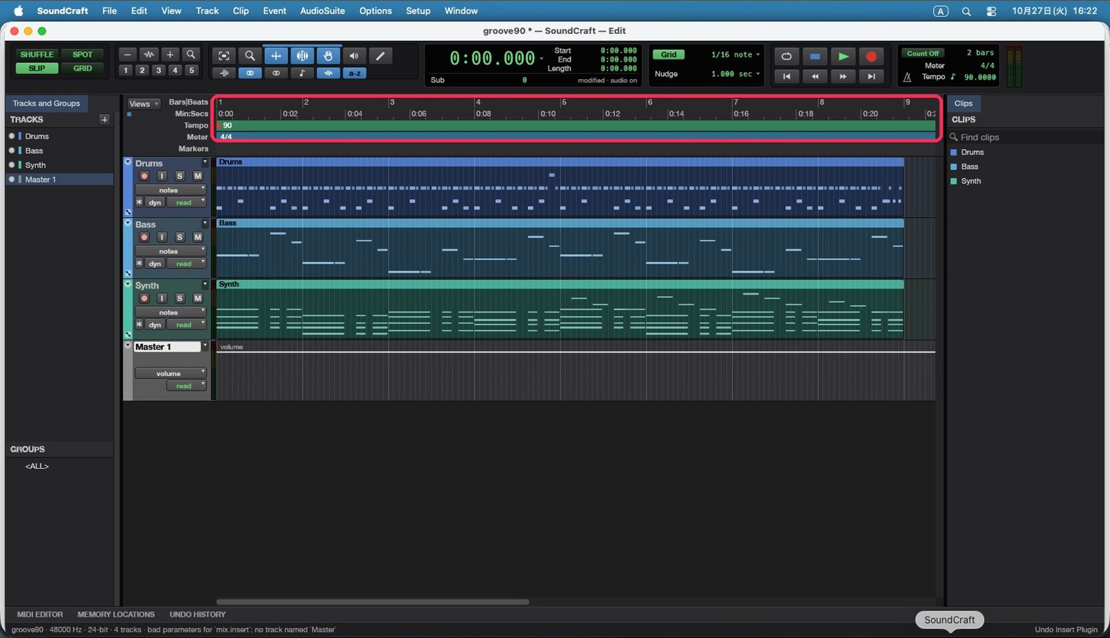 AI が作った曲「groove90」。Drums・Bass・Synth の3トラック